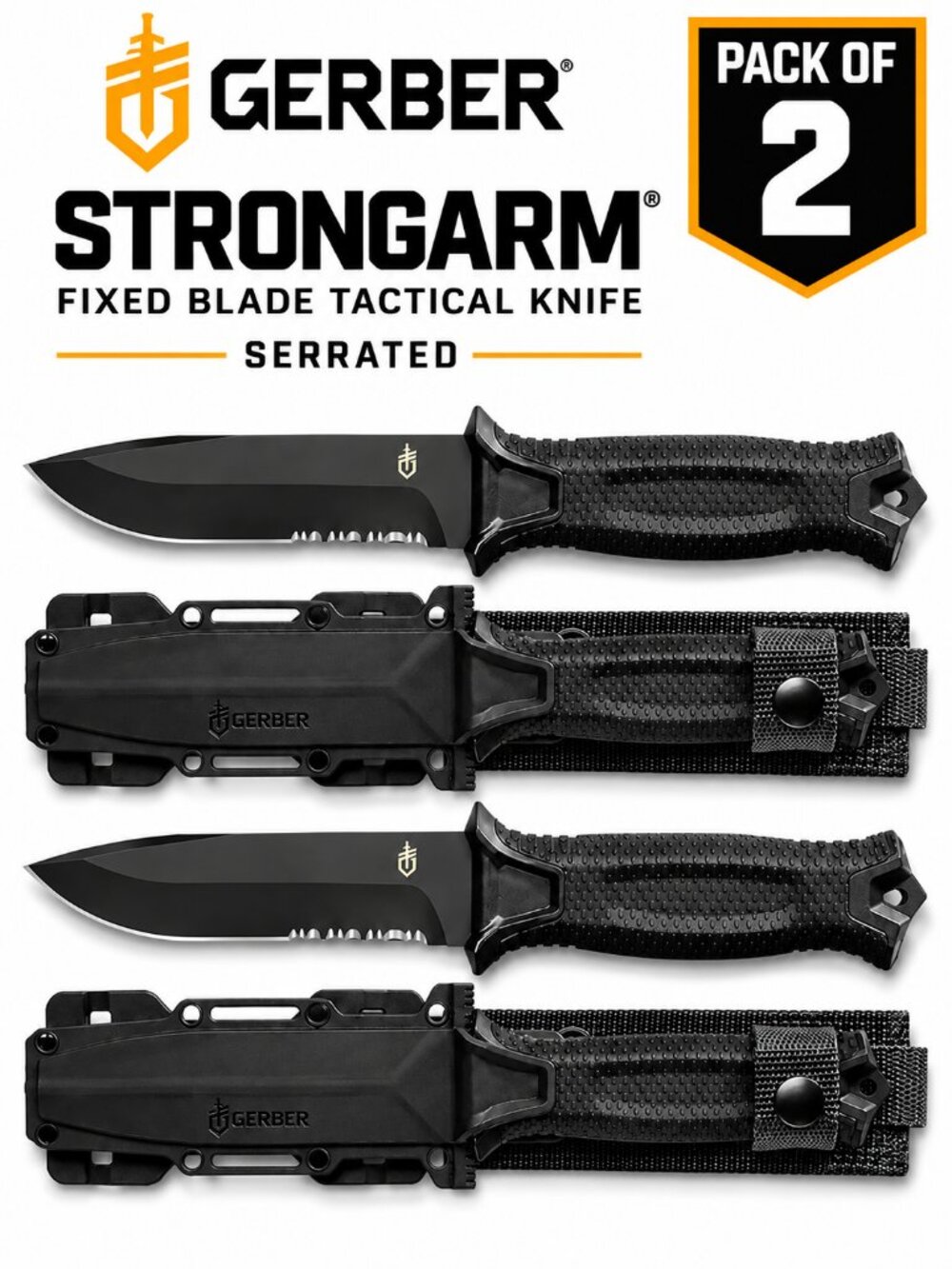 2 Gerber Gear Strongarm, Fixed Blade Tactical Knife for Survival, Serrated Edge
